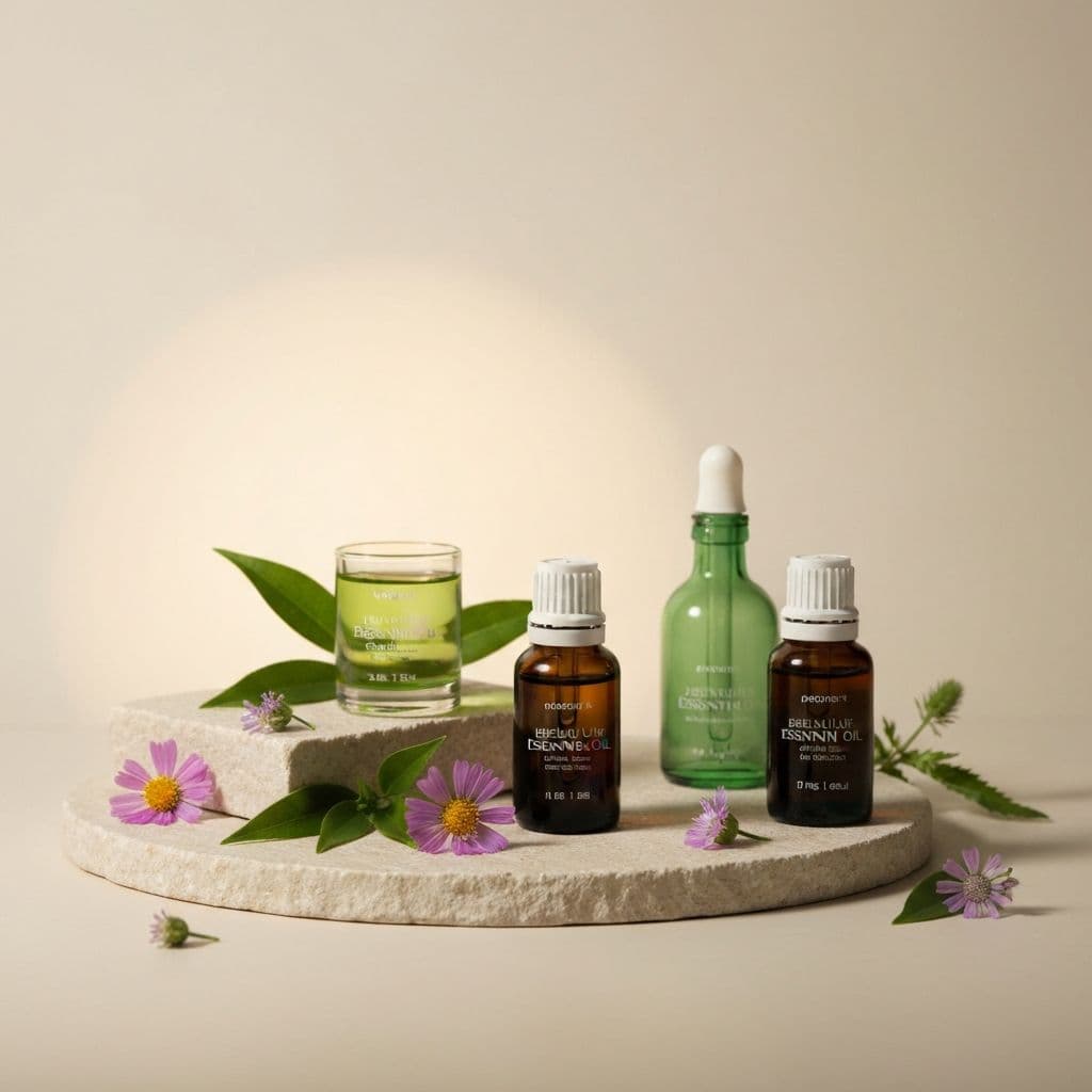 Premium essential oil bottles arranged with fresh botanicals